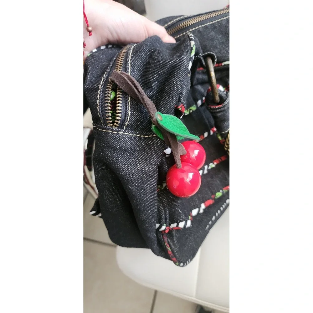 Betseyville Betsey Johnson Denim Satchel Ruffle Cherry Print Rockabilly Handbag